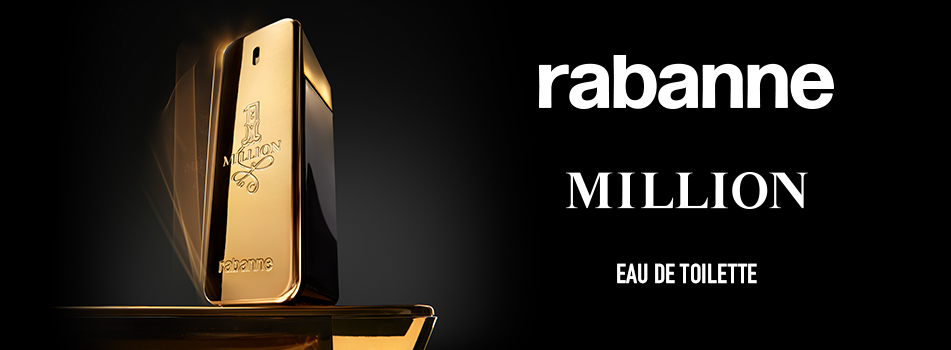 Werbebanner für das Parfum „1 Million“ von Rabanne. Links ist ein goldener, rechteckiger Flakon in Form eines Barren mit eingraviertem Logo und Schriftzug „1 Million“ zu sehen. Rechts steht auf schwarzem Hintergrund in weißer Schrift „rabanne“, darunter „MILLION“ und „EAU DE TOILETTE“.