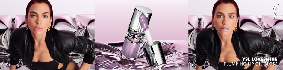 Produktbanner Lippen-Make-up von Yves Saint Laurent: In der Mitte ein silberfarbener Lipgloss mit leicht violettem Inhalt, links und rechts eine Frau vor rosafarbenem Hintergrund, rechts der Schriftzug ‚YSL Loveshine Plumping Lip Oil Gloss‘.