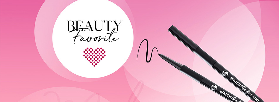 Werbegrafik auf rosa Hintergrund mit dem Text 'Beauty Favorite' und einem pinken Herz aus Punkten in einem weißen Kreis. Rechts daneben sind zwei schwarze Eyeliner-Stifte mit der Aufschrift 'Watch the Line' zu sehen, einer davon geöffnet mit gezeichneter schwarzer Linie.